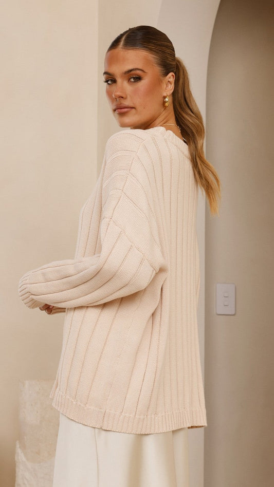 Naiva Oversized Wide Rib Crew Neck Cotton Jumper – Cream
