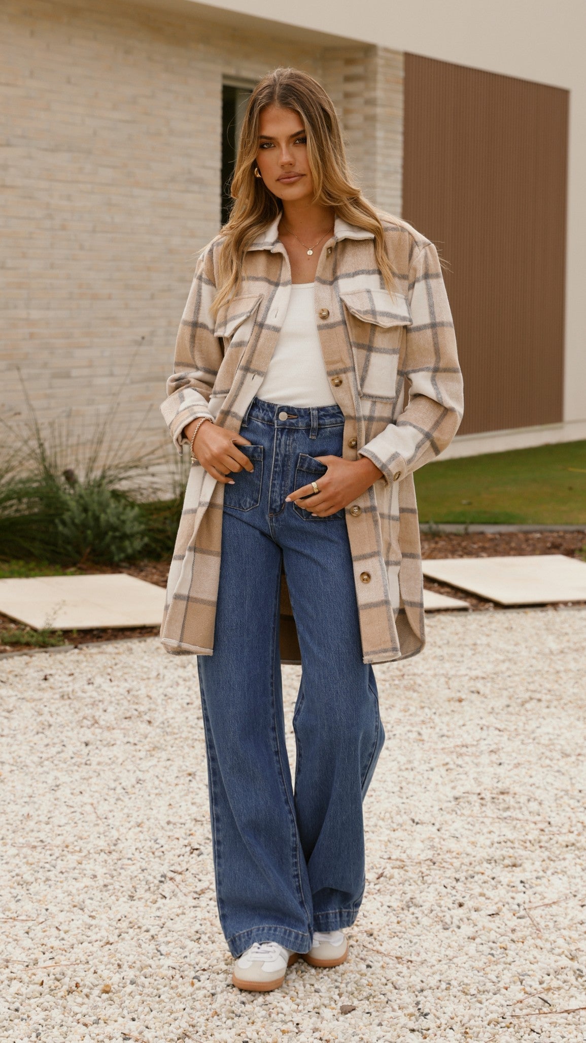 Saskia Oversized Longline Collared Jacket – Beige/Cream Check – view 16