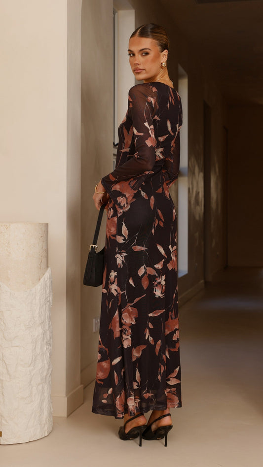 Koah Crew Neck Sheer Long Sleeve Bodycon Maxi Dress – Flower Print