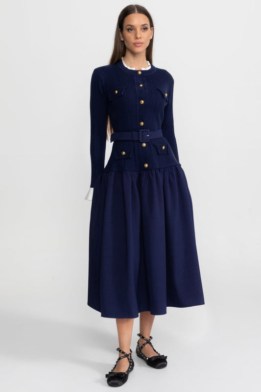 Ribbed Knit Belted Midi Dress with Gold Buttons and Pleated Skirt – Navy – view 2
