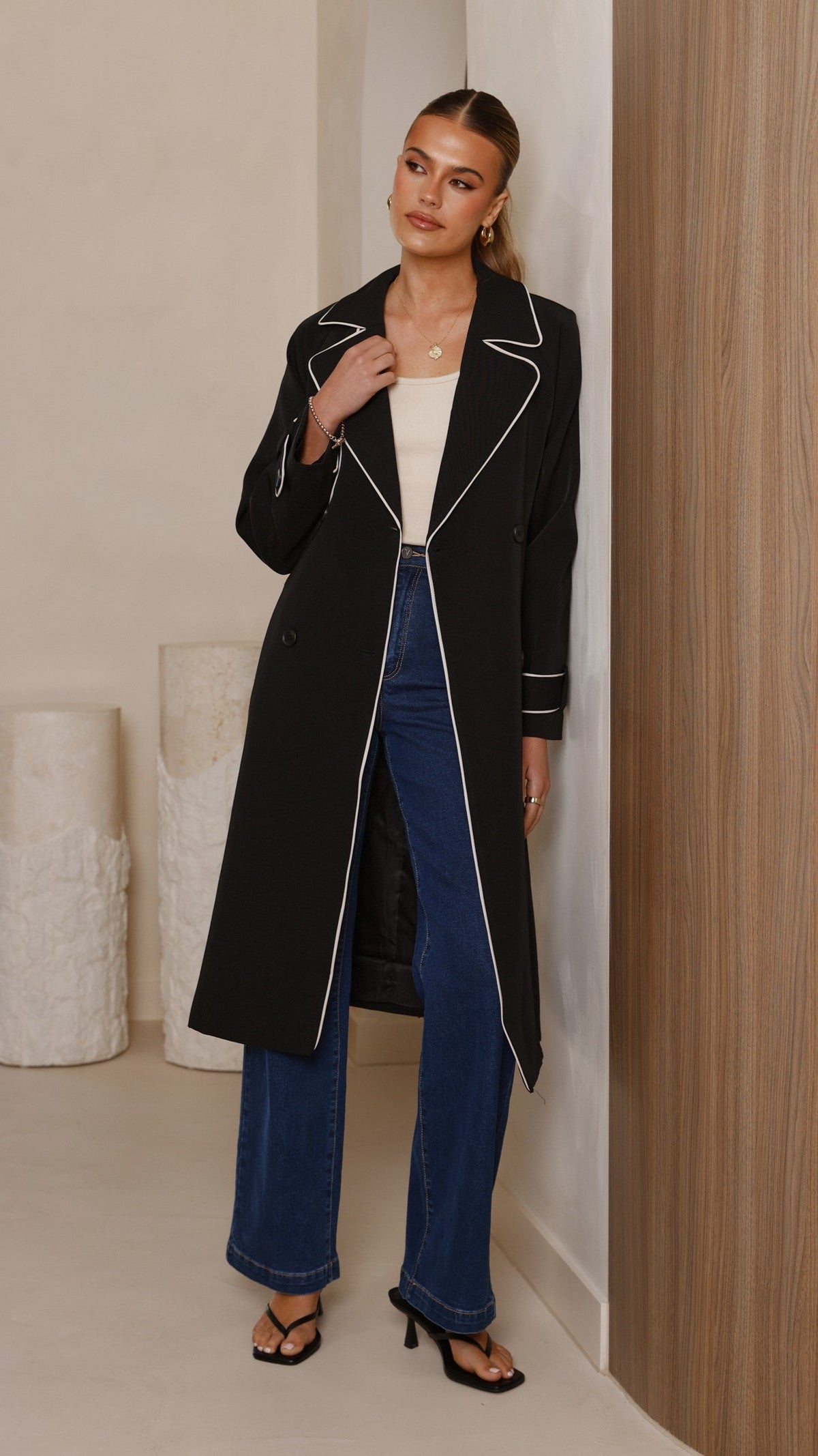 Blanca Oversized Longline Trench Coat with Waist Tie – Black