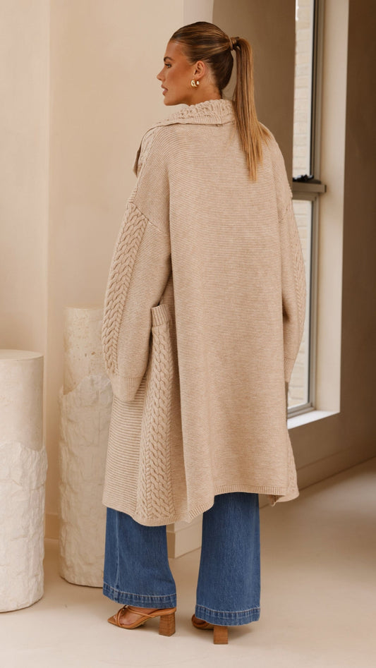 Sana Oversized Longline Cable Knit Cardigan with Pockets – Beige – view 2
