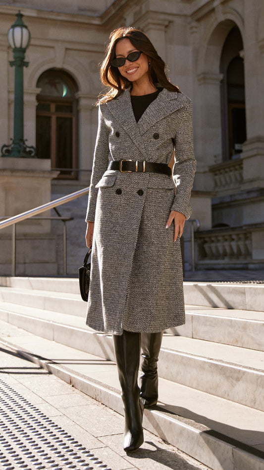 Jayla Double-Breasted Longline Coat with Padded Shoulders – Grey
