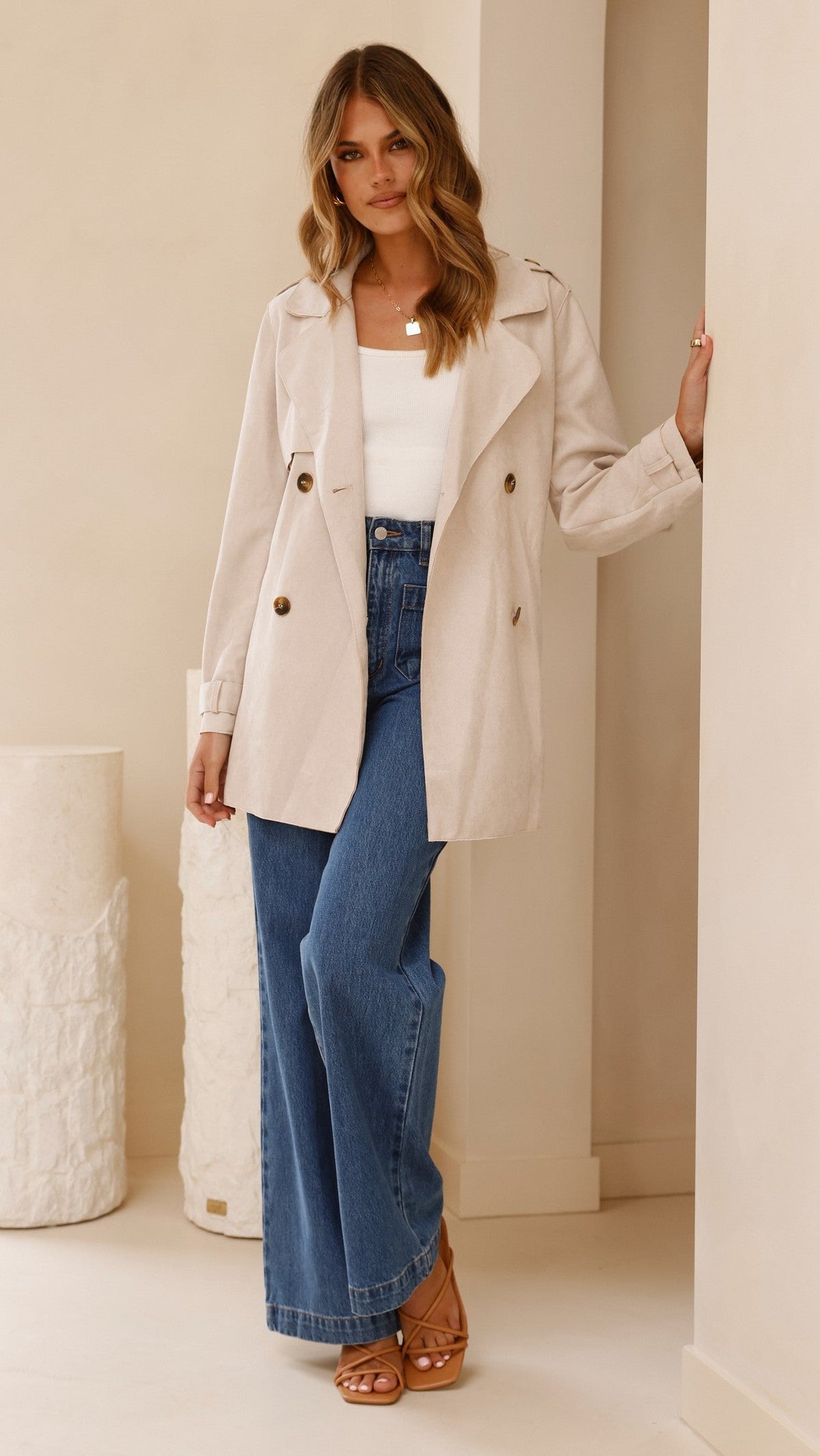 Jaya Double-Breasted Longline Coat with Epaulettes and Tie Belt – Natural – view 10