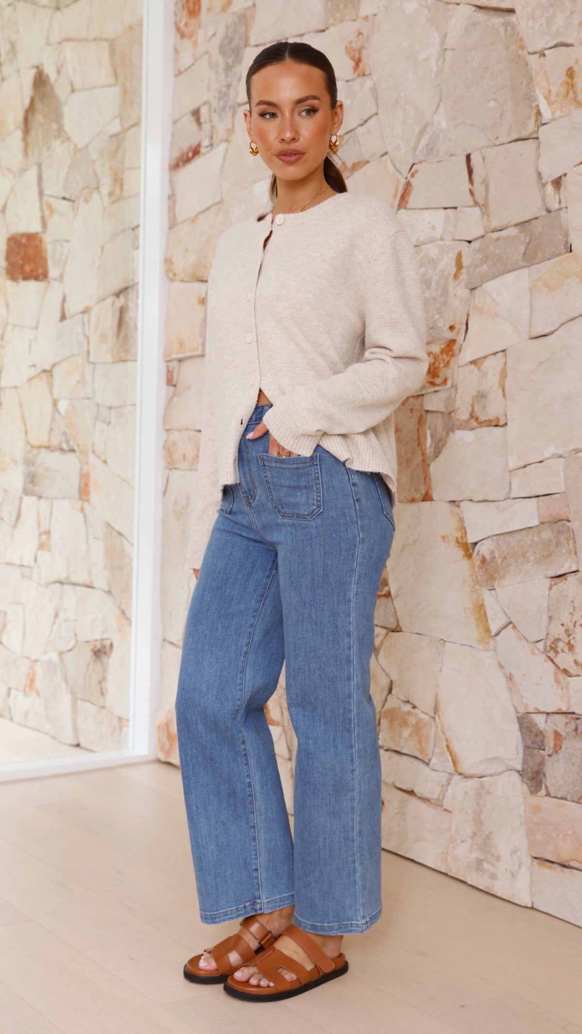 Carinna Relaxed Button-Front Knit Jumper – Beige