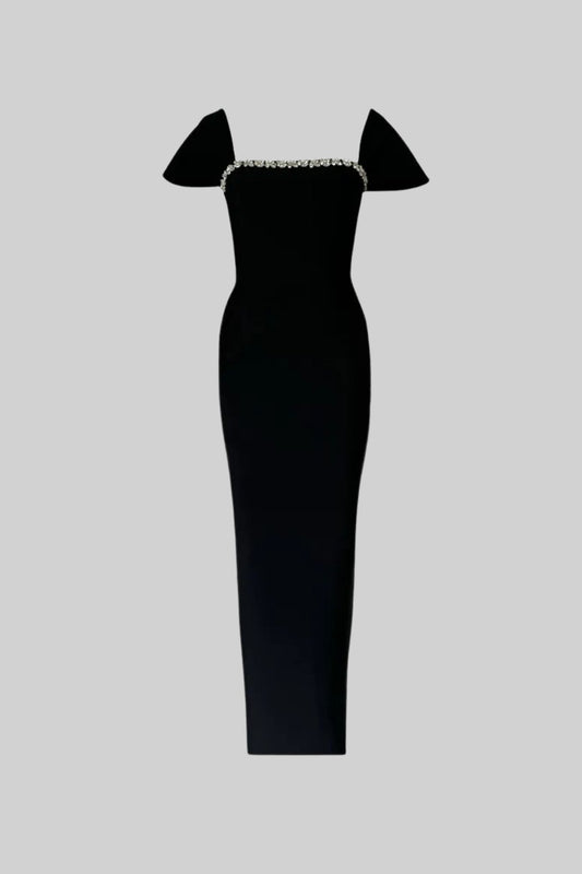 Off-Shoulder Fitted Maxi Gown with Crystal Trim and Cap Sleeves – Black – view 2