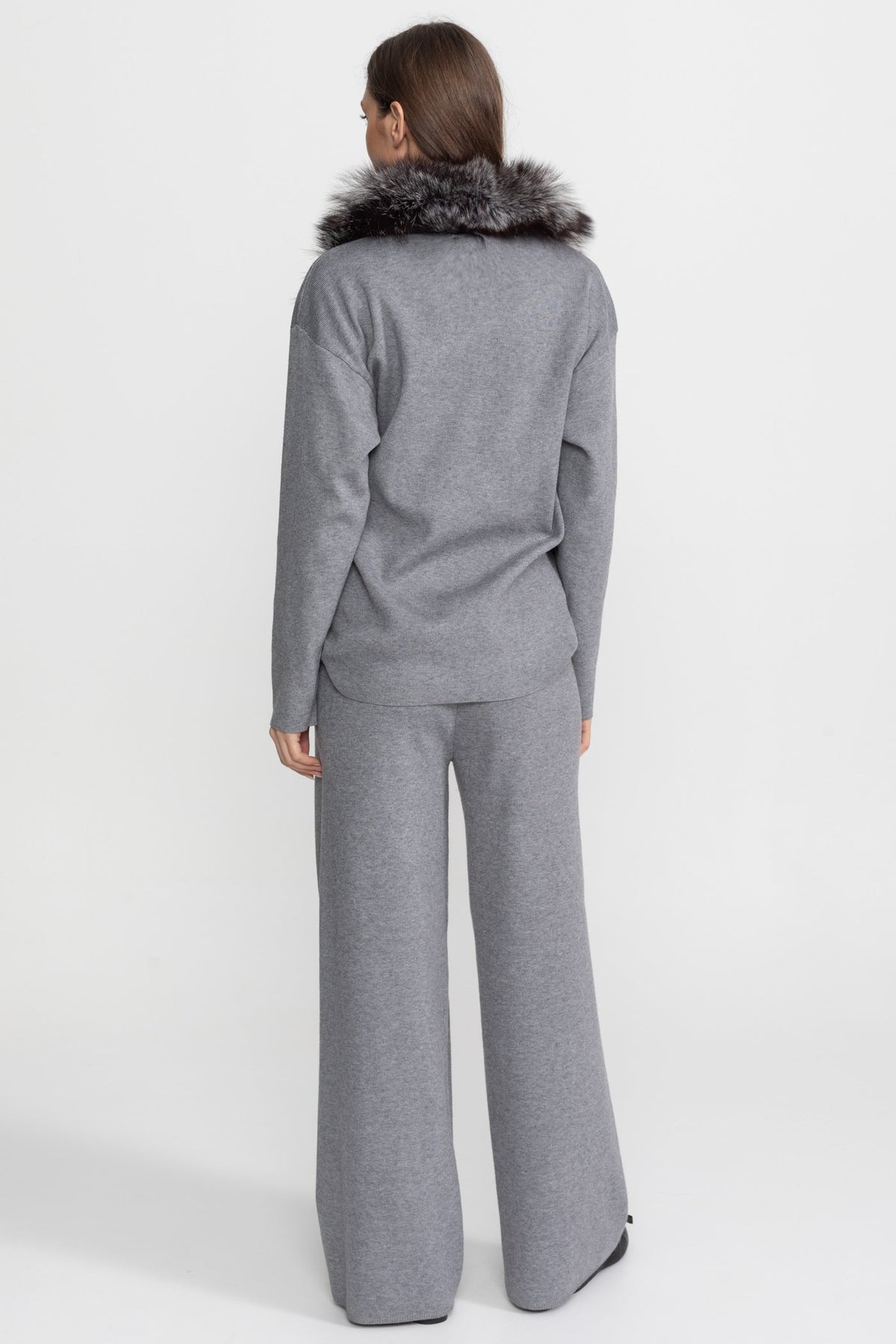 Knit Lounge Top and Straight Leg Trousers Set – Grey – view 7