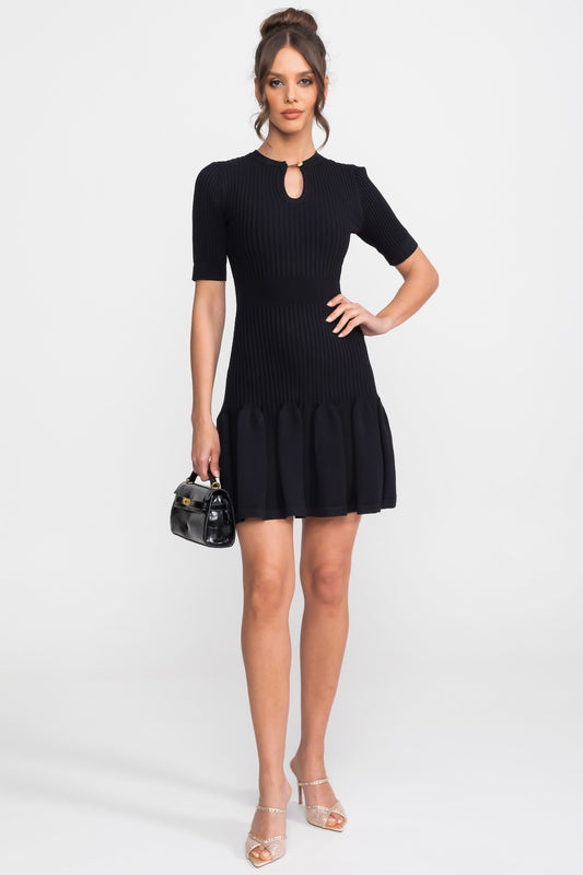 Ribbed Knit Keyhole Neck Mini Dress with Gold Button – Black – view 2