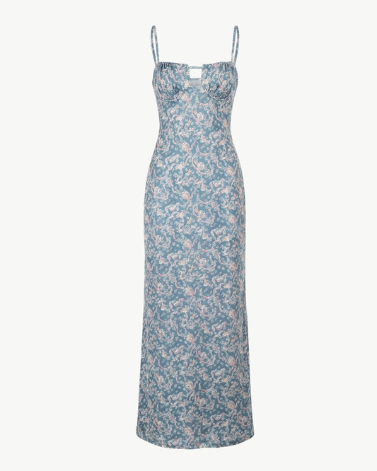 Flower Ski Long Sleeve Fit and Flare Stretch Dress – Floral Blue