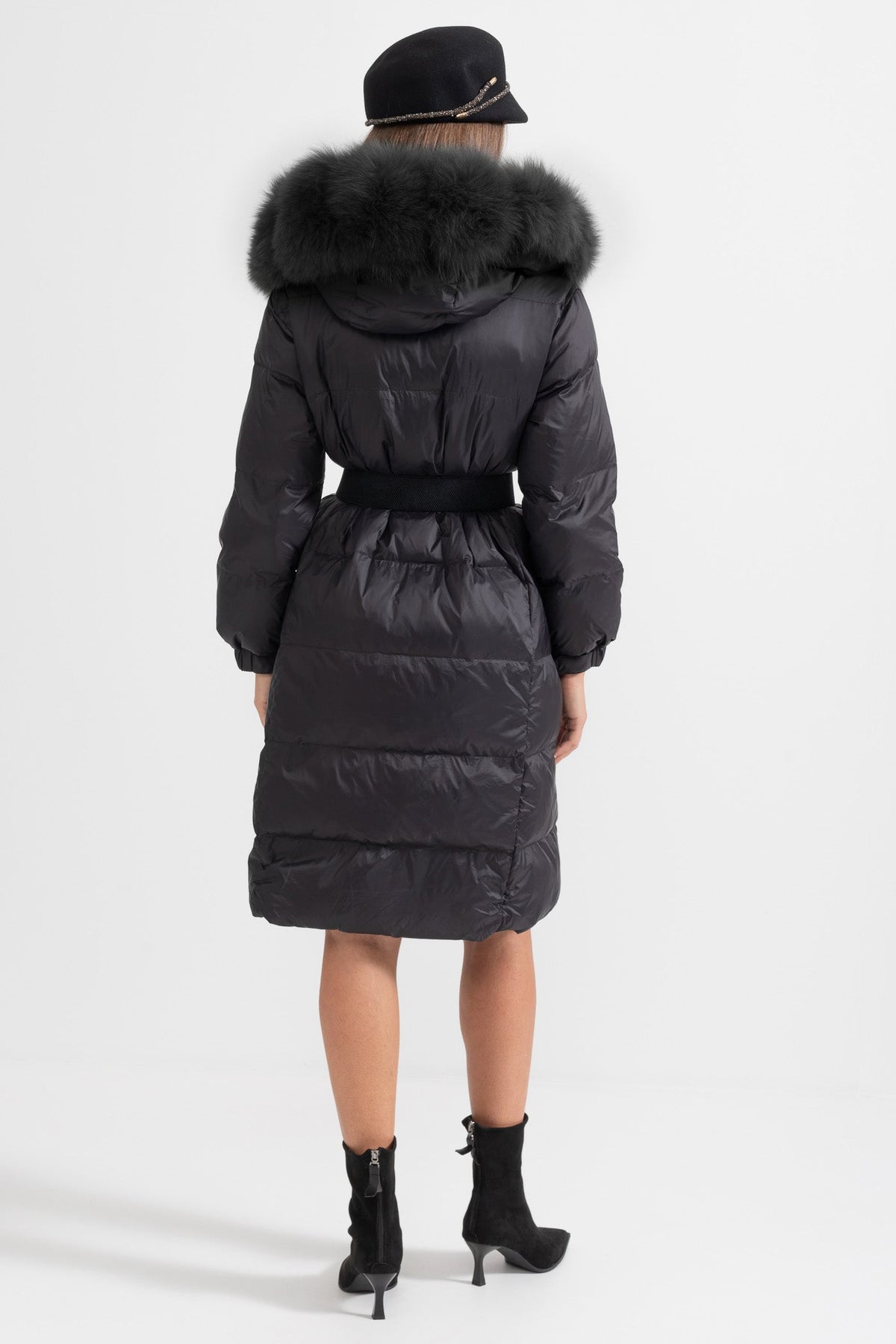 Long Duck Down Puffer Jacket with Black Lined Hood – Black