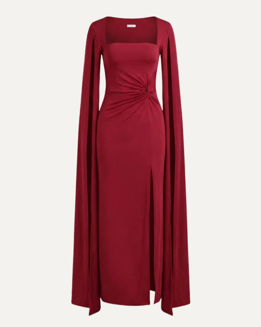 Square Neck Long Sleeve Satin-Finish Dress with High Side Slit