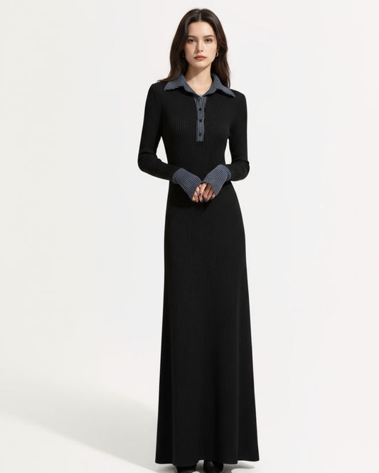 Retro Long Sleeve Polo Stretch Dress – Black with Blue Collar – view 2