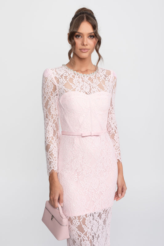 Lace Long Sleeve Midi Dress with Crystal Neckline and Matching Belt – Pink