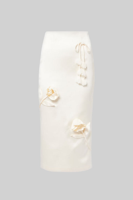 Satin Midi Pencil Skirt with 3D Floral Appliqués – Ivoire