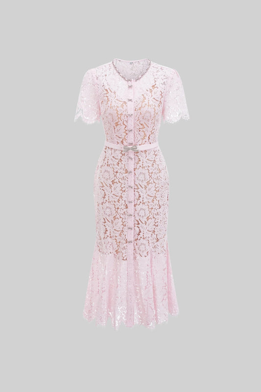 Floral Lace Midi Dress with Button Front and Scalloped Hem – Blush Pink – view 2