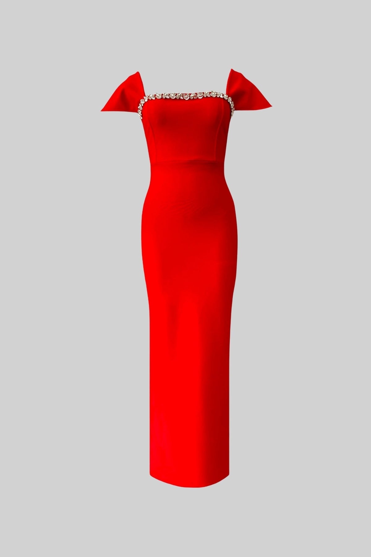 Off-Shoulder Fitted Maxi Gown with Crystal Trim and Cap Sleeves – Red – view 2