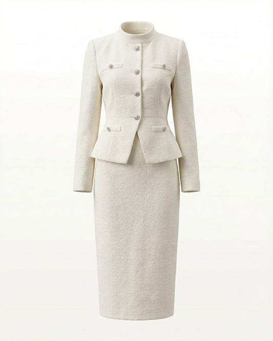 Diana Diamond Collar Longline Suit with Slim Midi Skirt – White