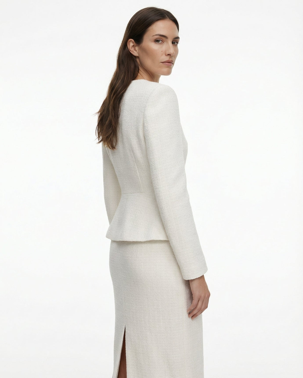 Diana Diamond Collar Longline Suit with Slim Midi Skirt – White