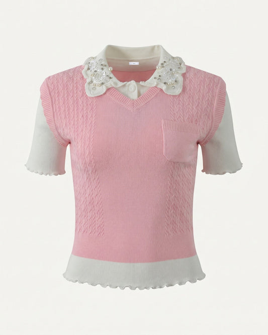 Slim Fit Wool Knitted Top with Lace Polo Collar Detail