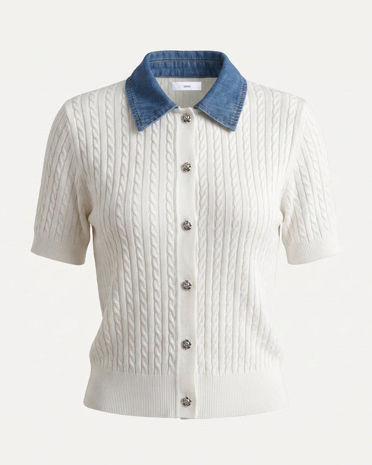 Tailored Knit Polo Top with Denim Lapel Collar