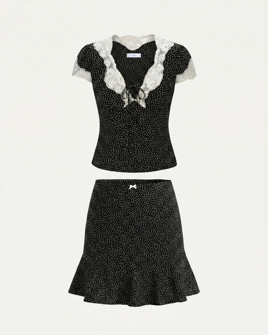 Polka Dot Top and Skirt Two-Piece Co-ord Set – Black