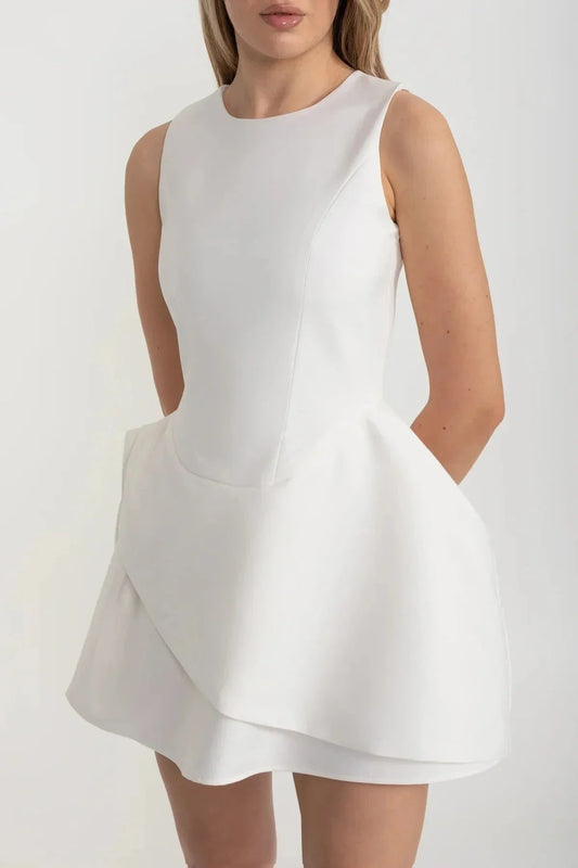 Sleeveless Mini Dress with Fitted Bodice and Asymmetric Layered Skirt – White – view 2