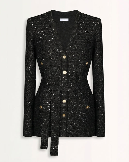 Sequin Knit Long Sleeve V-Neck Cardigan with Ribbed Cuffs