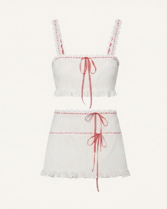 Contrast Jacquard Lace Fitted Two-Piece Skirt Set – White/Red