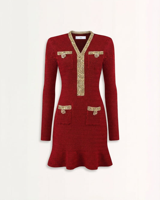 Heavy Beaded V-Neck Long Sleeve Slim Fit Knit Dress