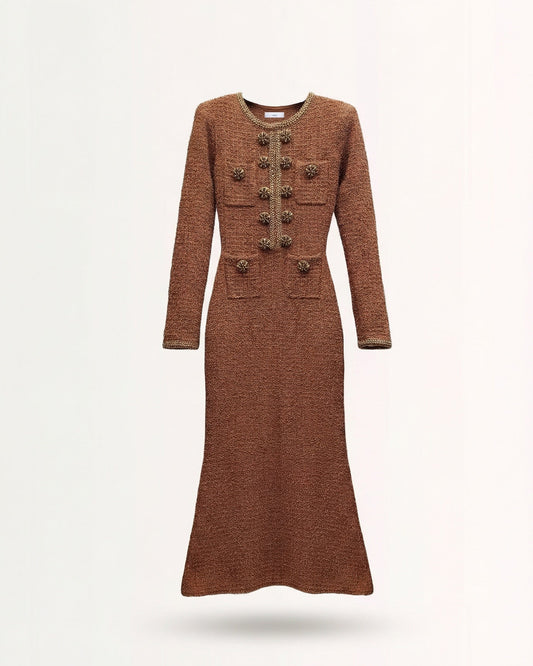 Retro Knit Dress with Crystal-Encrusted Metal Buttons