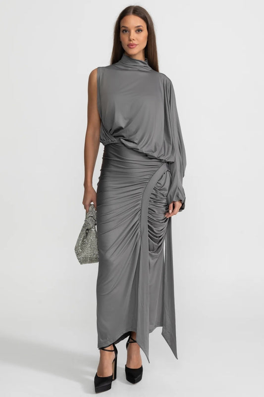 Draped Asymmetric One-Sleeve Top and Ruched Maxi Skirt Co-ord Set – Steel Grey – view 2