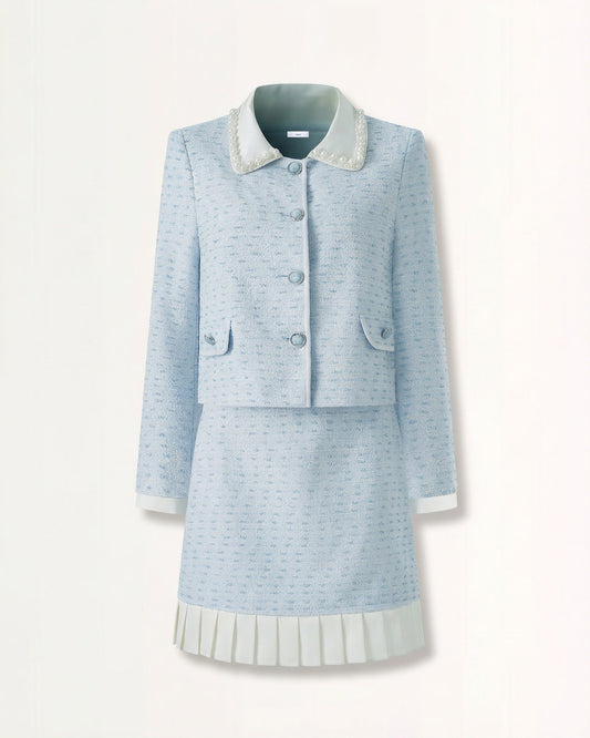 Crystal Button Cropped Jacket and Colour Block Pleated Skirt Set – Blue