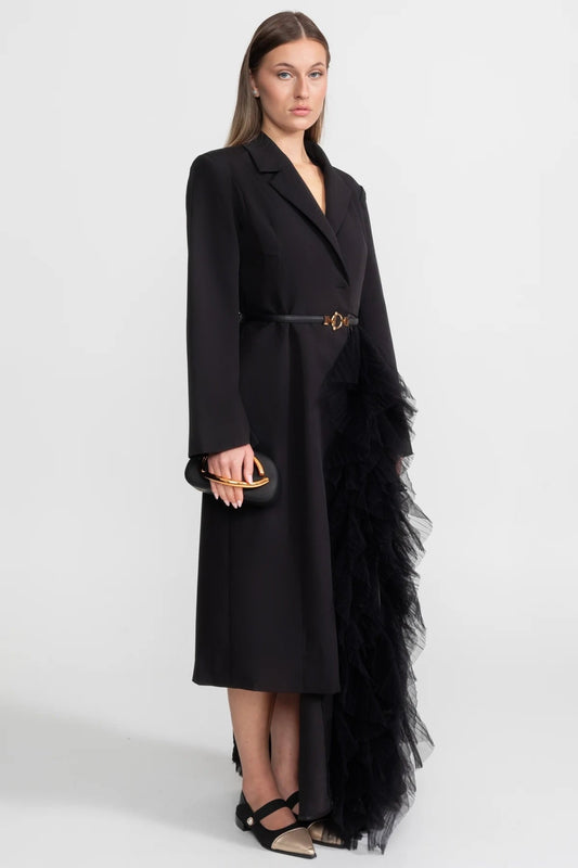 Tulle Cascade Blazer Dress with Notched Lapels and Belt – Black – view 2