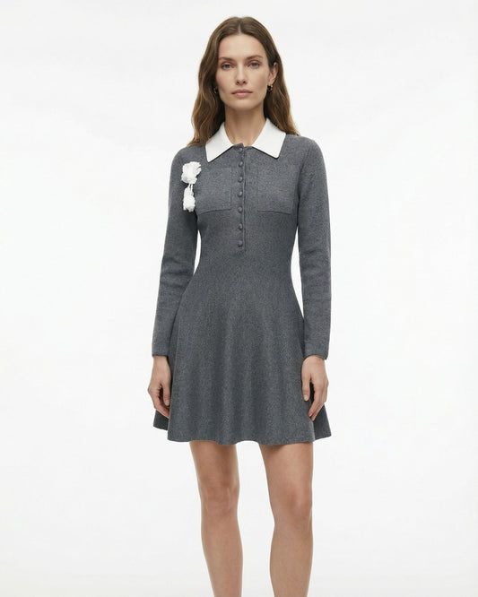 Paris Elegance Cotton Wool Blend Knit Dress with Floral Brooch – Grey – view 2