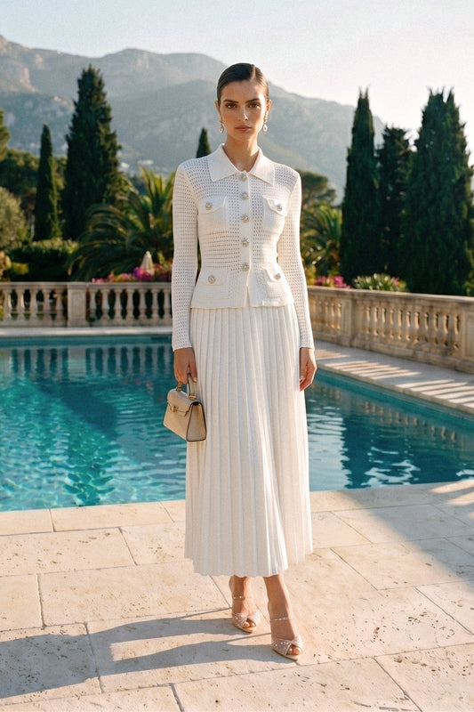 Open-Knit Polo Collar Button-Through Dress with Pleated Midi Skirt – White – view 2