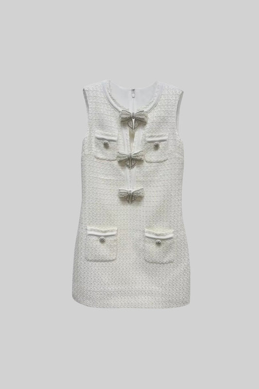 Sleeveless Textured Dress with Metal Embellished Bows – White – view 2