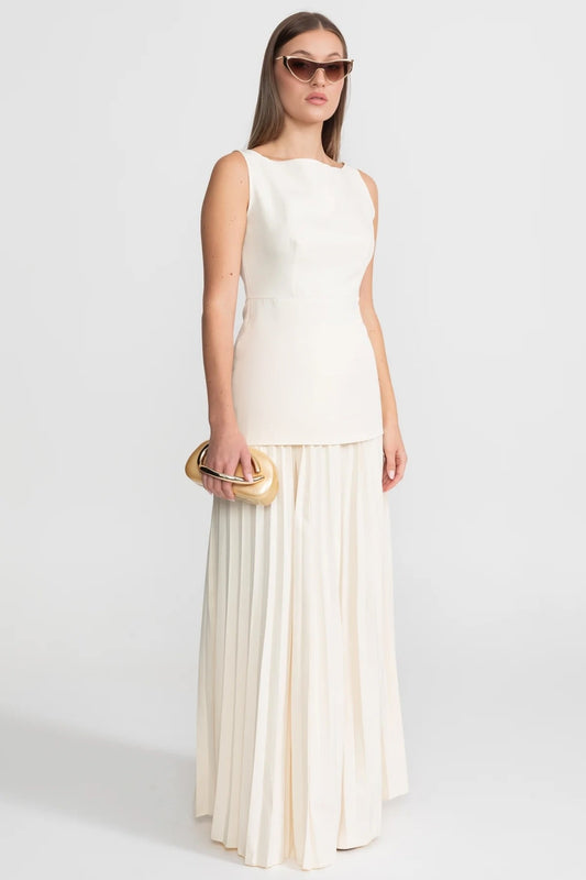 Sleeveless Bateau Neck Tailored Top and Pleated Maxi Skirt Set – Ivory – view 2