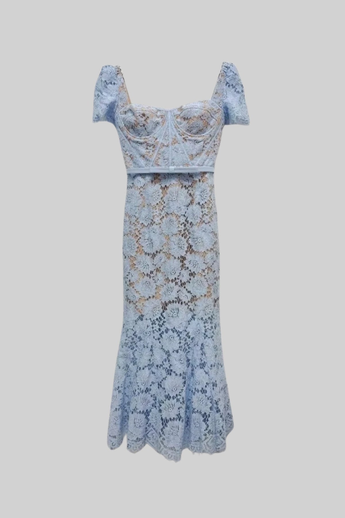 Floral Lace Puff Sleeve Dress with Matching Waist Belt – Blue – view 6
