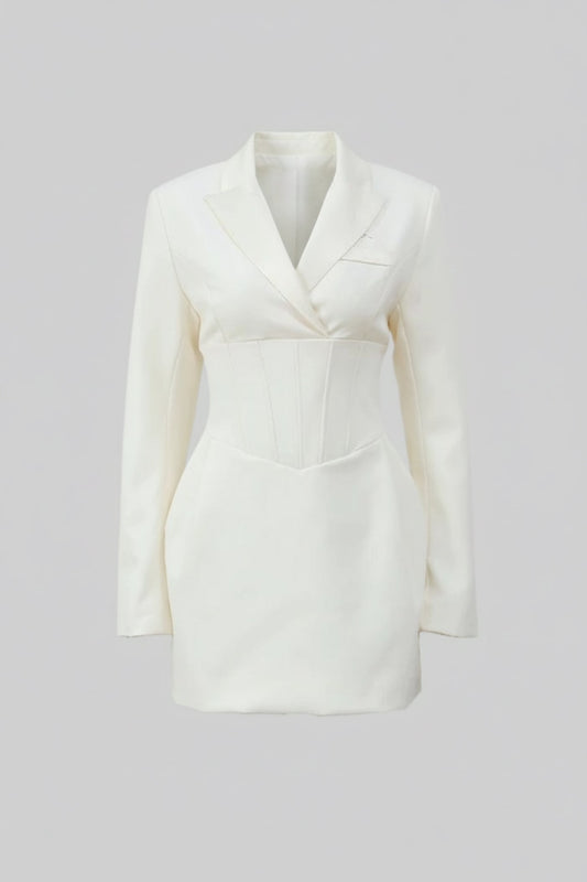 Structured Mini Blazer Dress with Built-In Corset Waist – Ivory – view 2