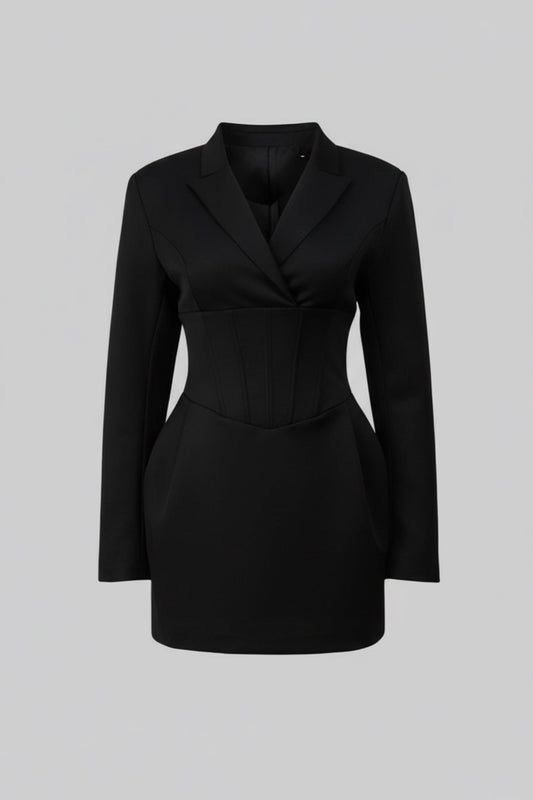 Wrap Front Mini Blazer Dress with Corset Waist and Lace-Up Back – Black – view 2