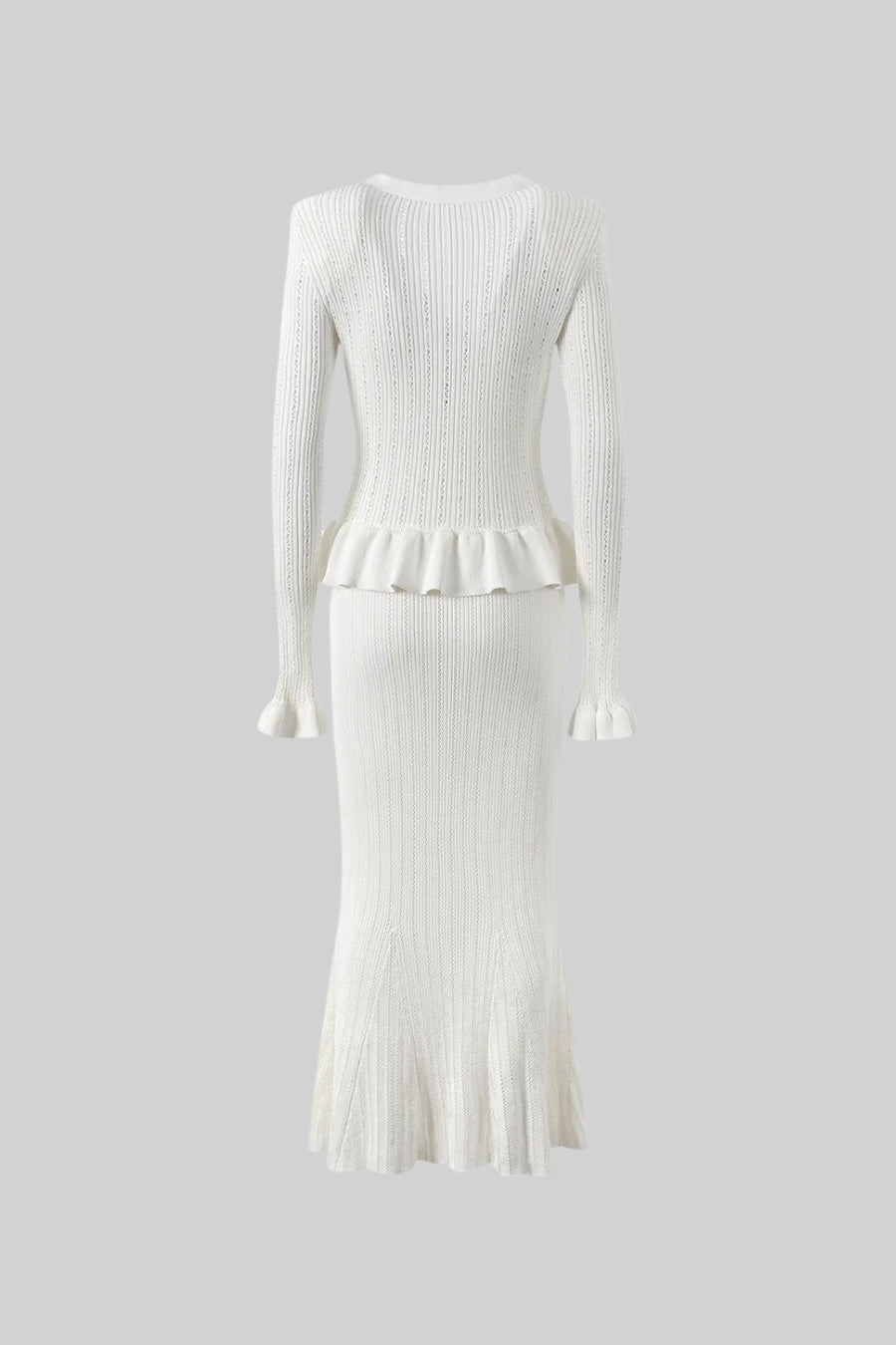 Ruffled V-Neck Knit Cardigan and Flared Knee-Length Skirt Set – White – view 14