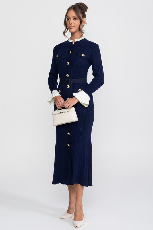 Fine Rib Knit Belted Midi Dress with Ivory Collar and Flared Cuffs – Navy – view 2