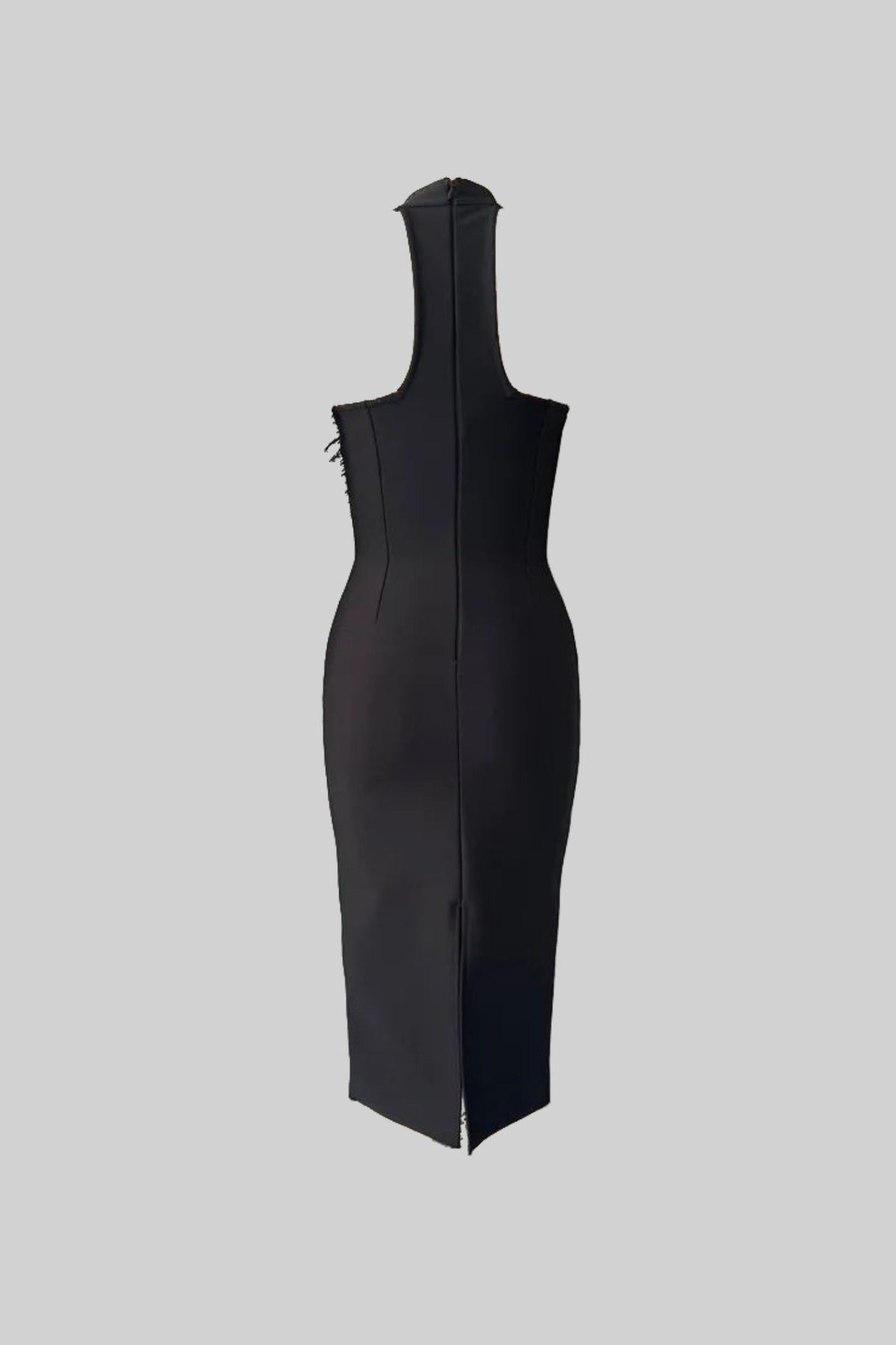Crystal Floral High Neck Stretch Crepe Midi Dress with Feathers – Black