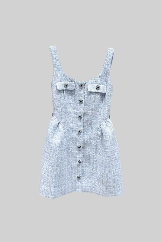 Sleeveless Tweed Mini Dress with Scoop Neck and Contrast Buttons – Light Blue – view 2