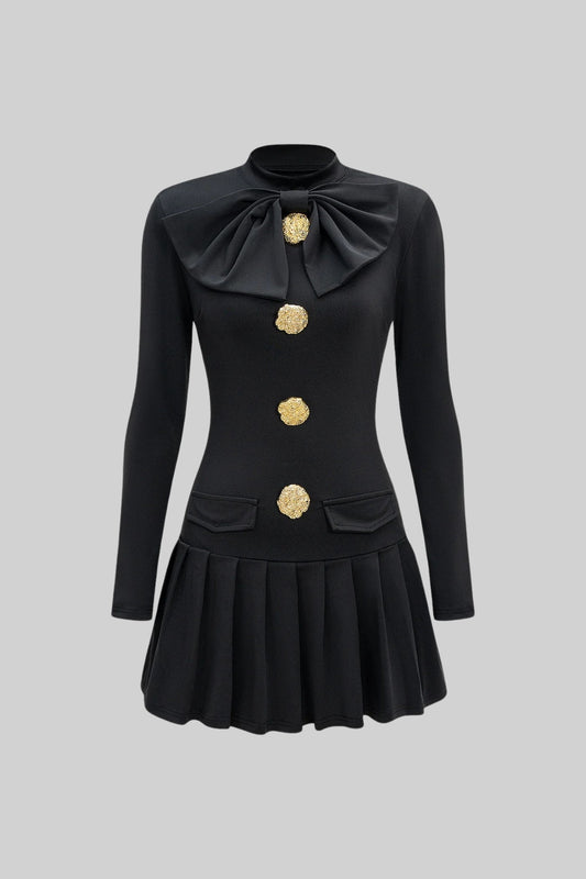 Bow Neck Pleated Crepe Mini Dress with Gold Buttons – Black