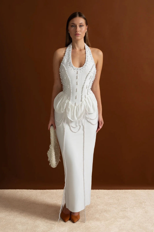 Satin Halter Gown with Pearl Embellishment and Gathered Peplum – White – view 2