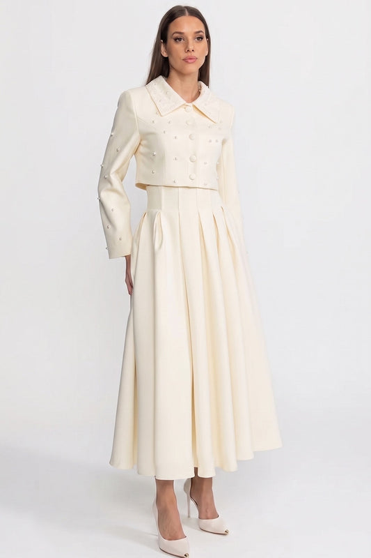 Pearl Embellished Cropped Jacket and Pleated Midi Skirt Set – Ivory – view 2