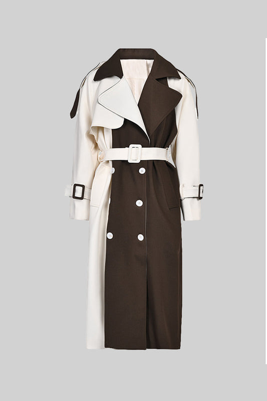 Two-Tone Double-Breasted Belted Trench Coat – Cream & Brown