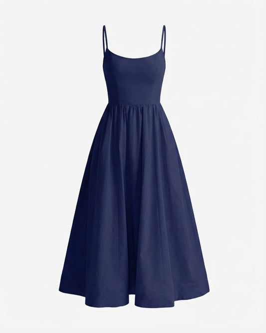 Mira Border Detail Cotton Blend Dress with Back Zip – Navy Blue