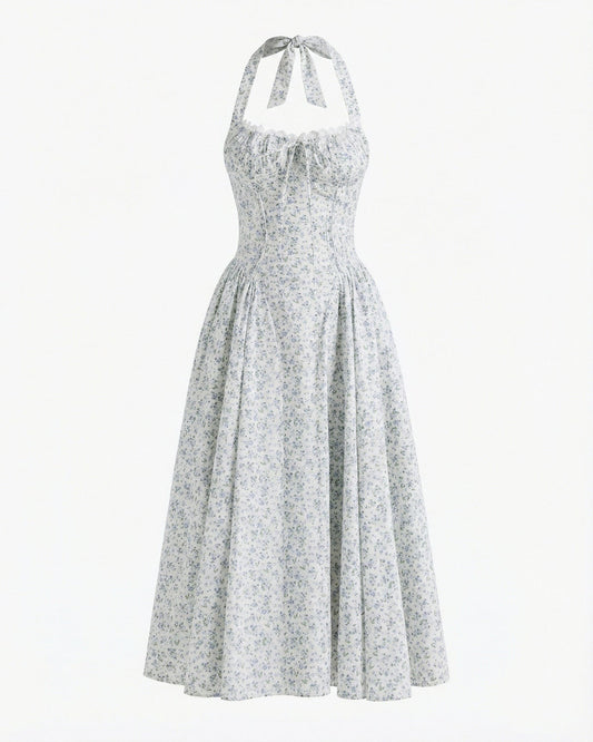 Santorini Halter Neck Contoured Stretch Dress – Small Blue Flowers on White